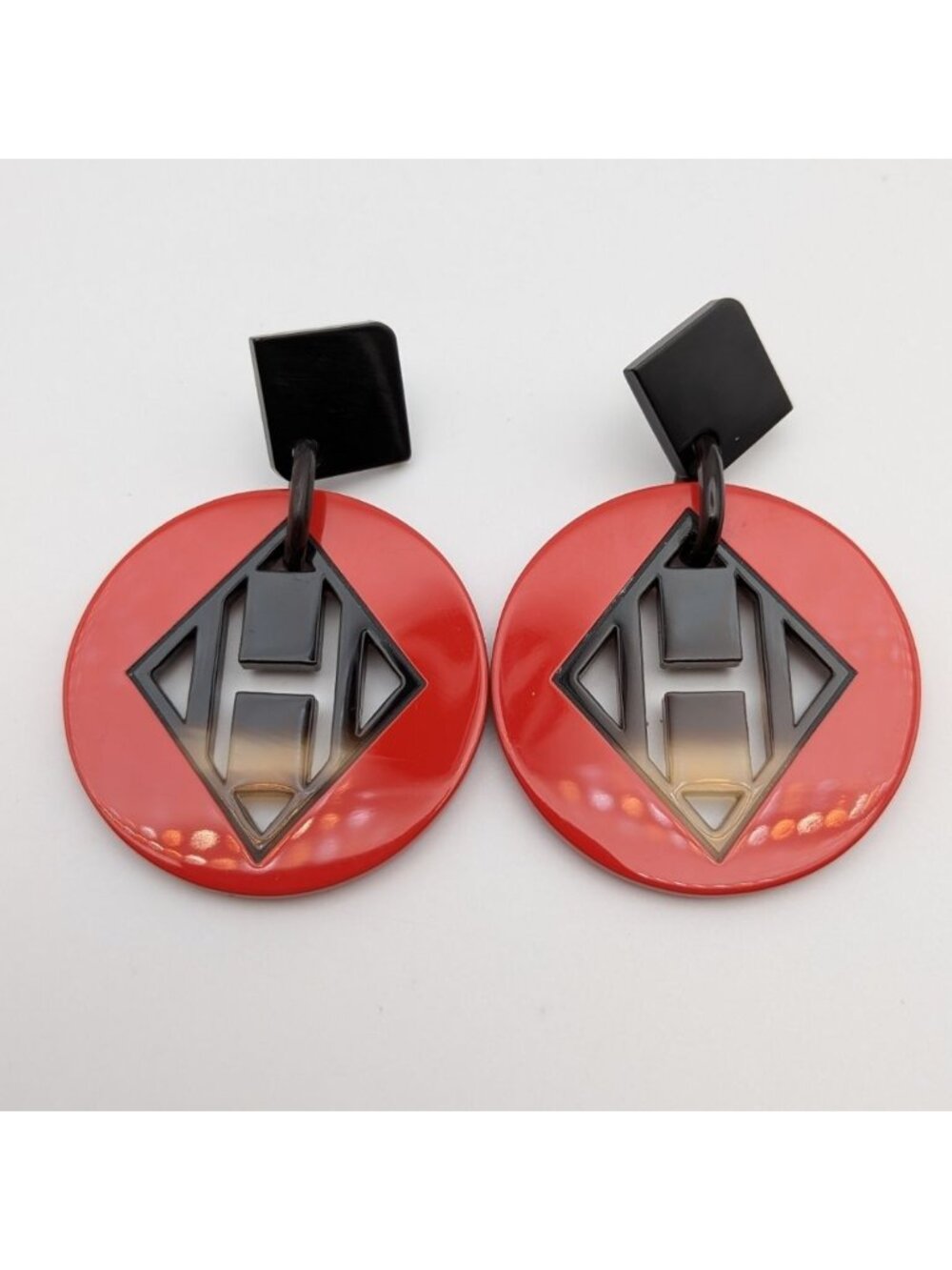 Hermes H Logo Buffalo Horn Earrings Black Orange Swing Round